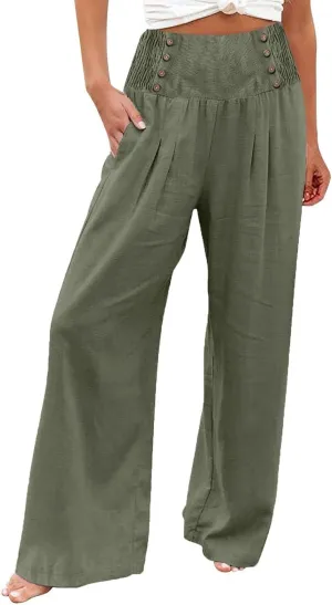 Womens Wide Leg Linen Pants High Waist Summer Casual Baggy Lounge Slacks Beach Boho Lightweight Trousers with Pockets