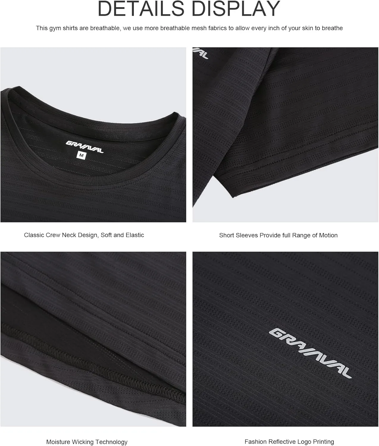 Workout Shirts for Men Crew Neck Short Sleeve Quick Dry Gym Athletic Active T Shirt Moisture Wicking