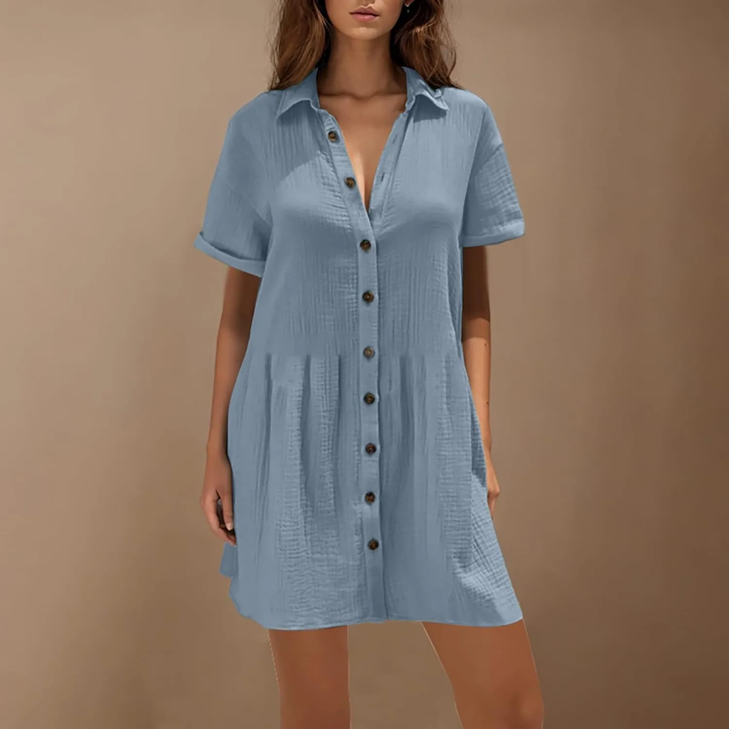 Xiaojmake Womens Cotton Linen Summer Midi Dress Plus Size Casual Collared V Neck Solid Short Sleeve Button Down T-Shirt Dress