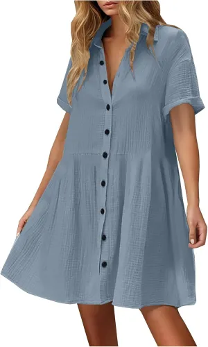Xiaojmake Womens Cotton Linen Summer Midi Dress Plus Size Casual Collared V Neck Solid Short Sleeve Button Down T-Shirt Dress