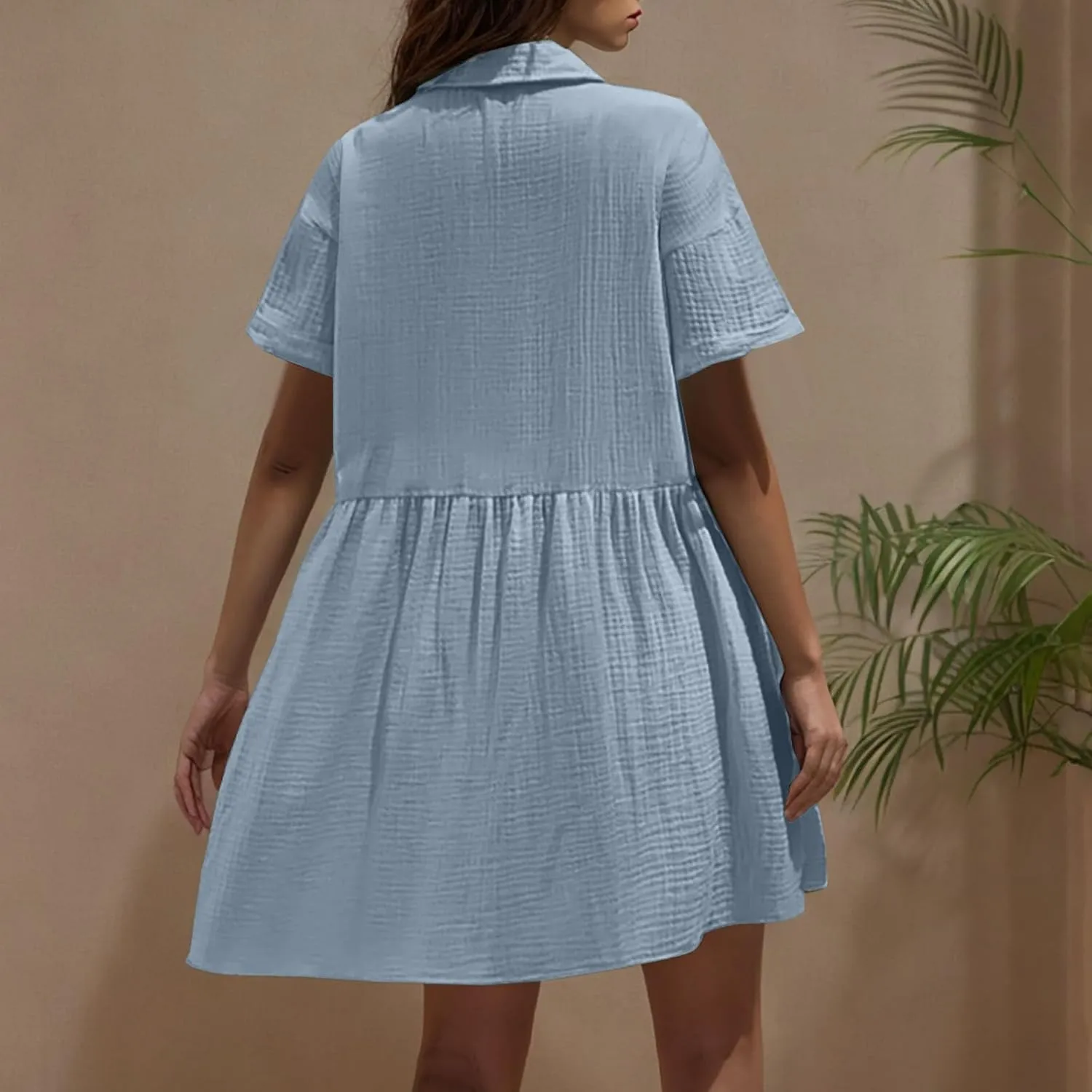 Xiaojmake Womens Cotton Linen Summer Midi Dress Plus Size Casual Collared V Neck Solid Short Sleeve Button Down T-Shirt Dress