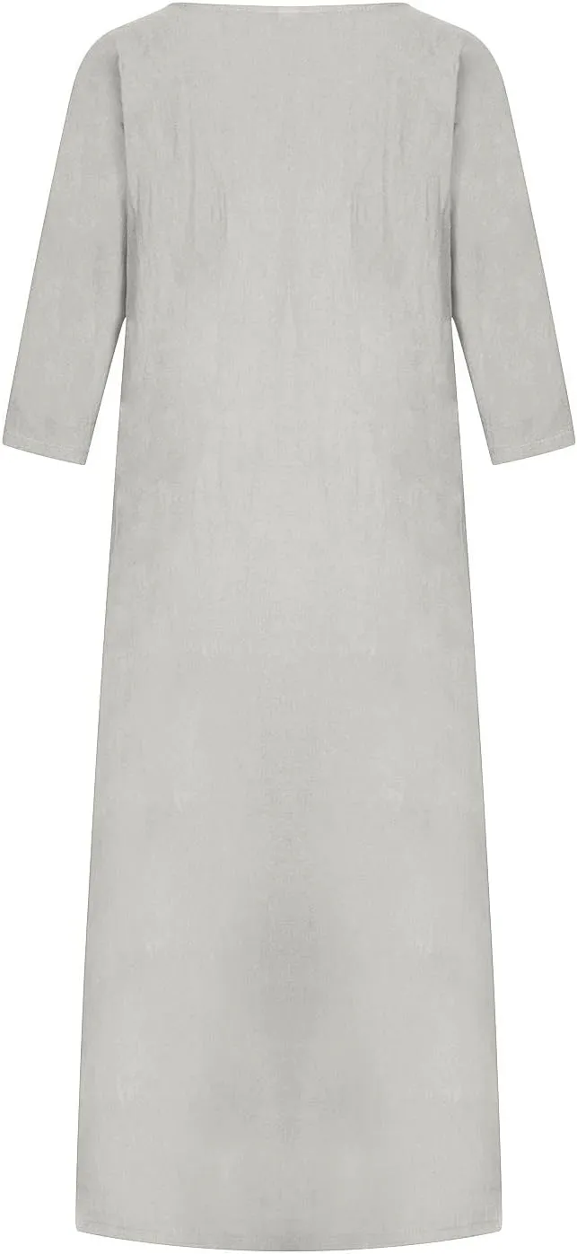 XUNRYAN Plus Size Womens Casual Linen Dress Midi Dresses V Neck Baggy Loose Fit 3/4 Sleeve Shirt Dress with Pockets