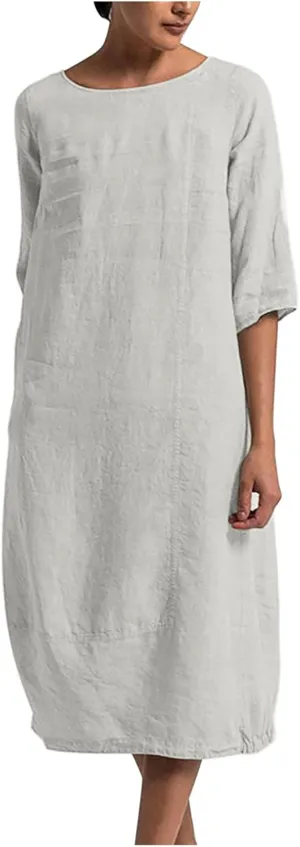 XUNRYAN Plus Size Womens Casual Linen Dress Midi Dresses V Neck Baggy Loose Fit 3/4 Sleeve Shirt Dress with Pockets
