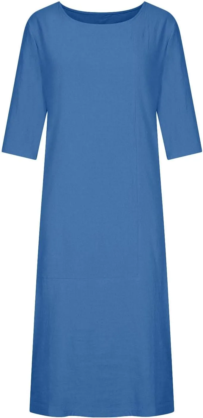 XUNRYAN Plus Size Womens Casual Linen Dress Midi Dresses V Neck Baggy Loose Fit 3/4 Sleeve Shirt Dress with Pockets