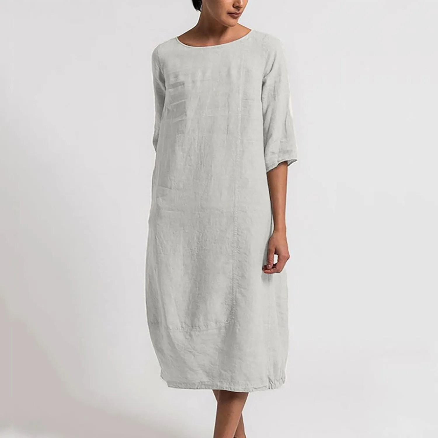 XUNRYAN Plus Size Womens Casual Linen Dress Midi Dresses V Neck Baggy Loose Fit 3/4 Sleeve Shirt Dress with Pockets