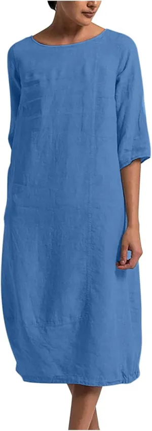 XUNRYAN Plus Size Womens Casual Linen Dress Midi Dresses V Neck Baggy Loose Fit 3/4 Sleeve Shirt Dress with Pockets