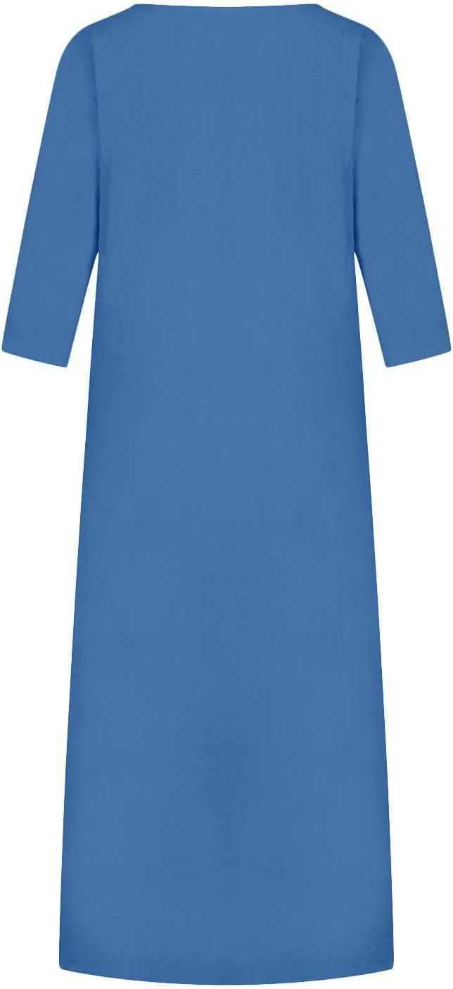 XUNRYAN Plus Size Womens Casual Linen Dress Midi Dresses V Neck Baggy Loose Fit 3/4 Sleeve Shirt Dress with Pockets