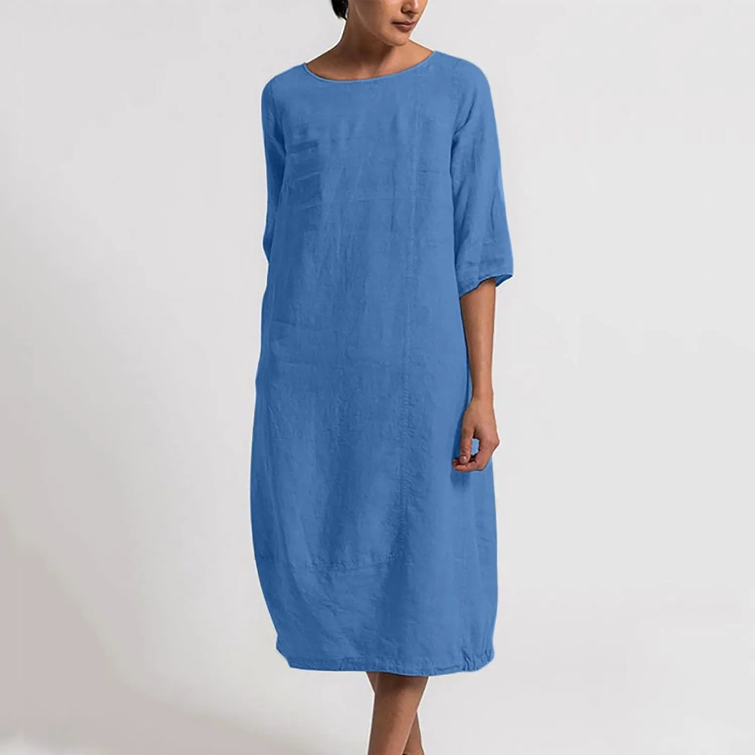 XUNRYAN Plus Size Womens Casual Linen Dress Midi Dresses V Neck Baggy Loose Fit 3/4 Sleeve Shirt Dress with Pockets