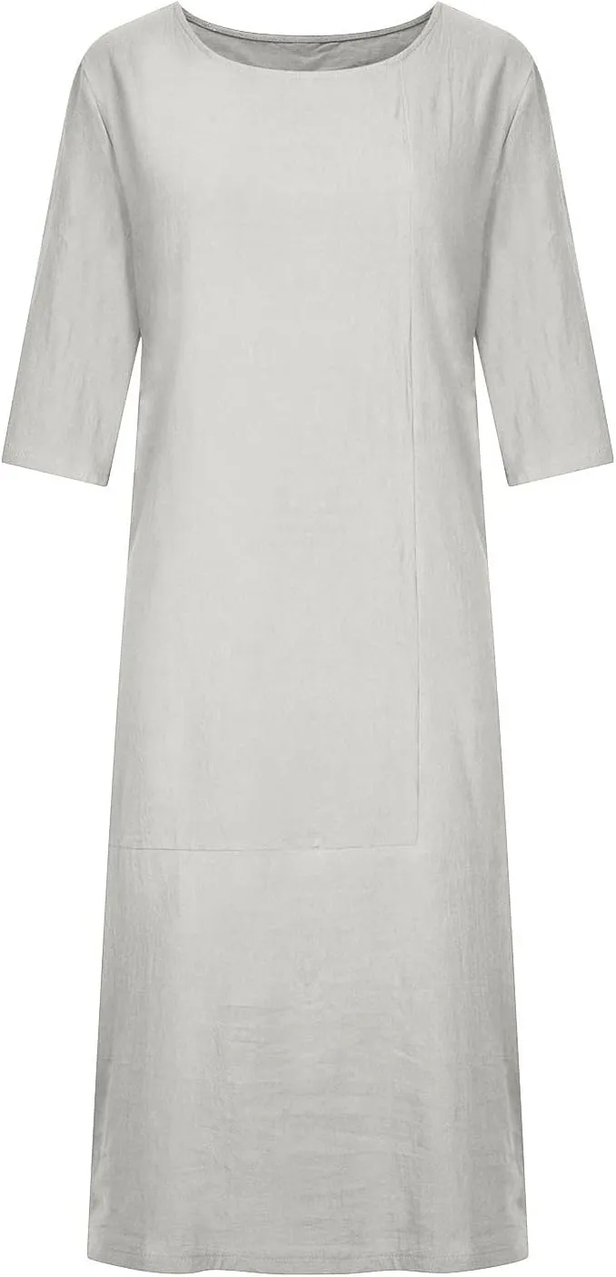 XUNRYAN Plus Size Womens Casual Linen Dress Midi Dresses V Neck Baggy Loose Fit 3/4 Sleeve Shirt Dress with Pockets