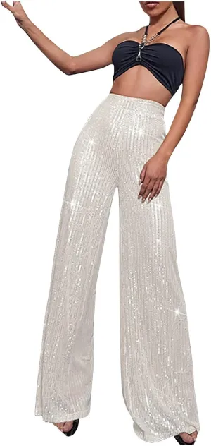 XUNRYAN Sequin Pants Women's 70s Disco Outfits High Waist Wide Leg Palazzo Pants Party Clubwear Trousers Hippie Clothes