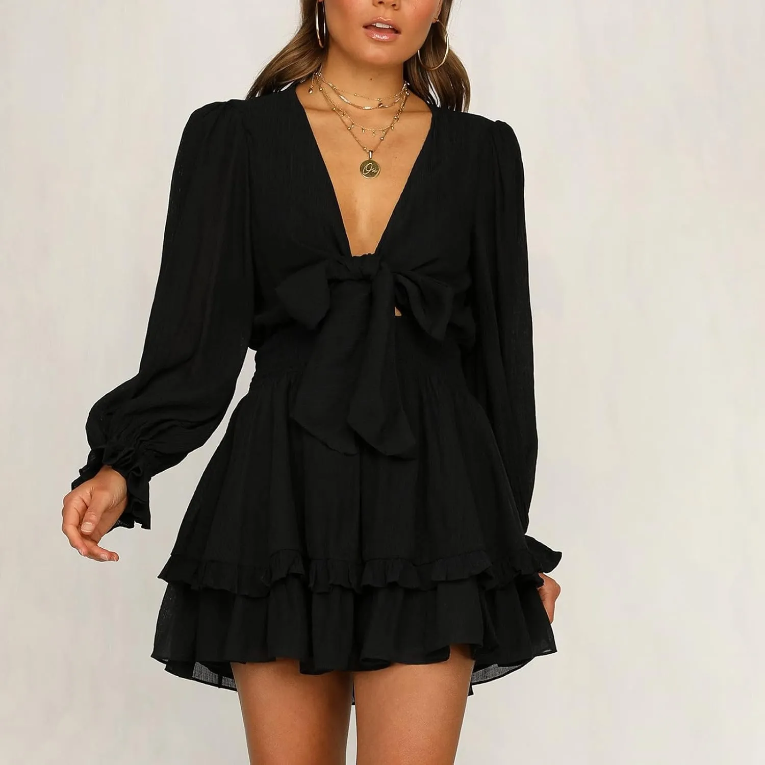 XUNRYAN Women Sexy Cutout Twist Front Summer Casual Dress 2022 V Neck Long Sleeve Dress Ruffle Swing Blouse Mini Dresses