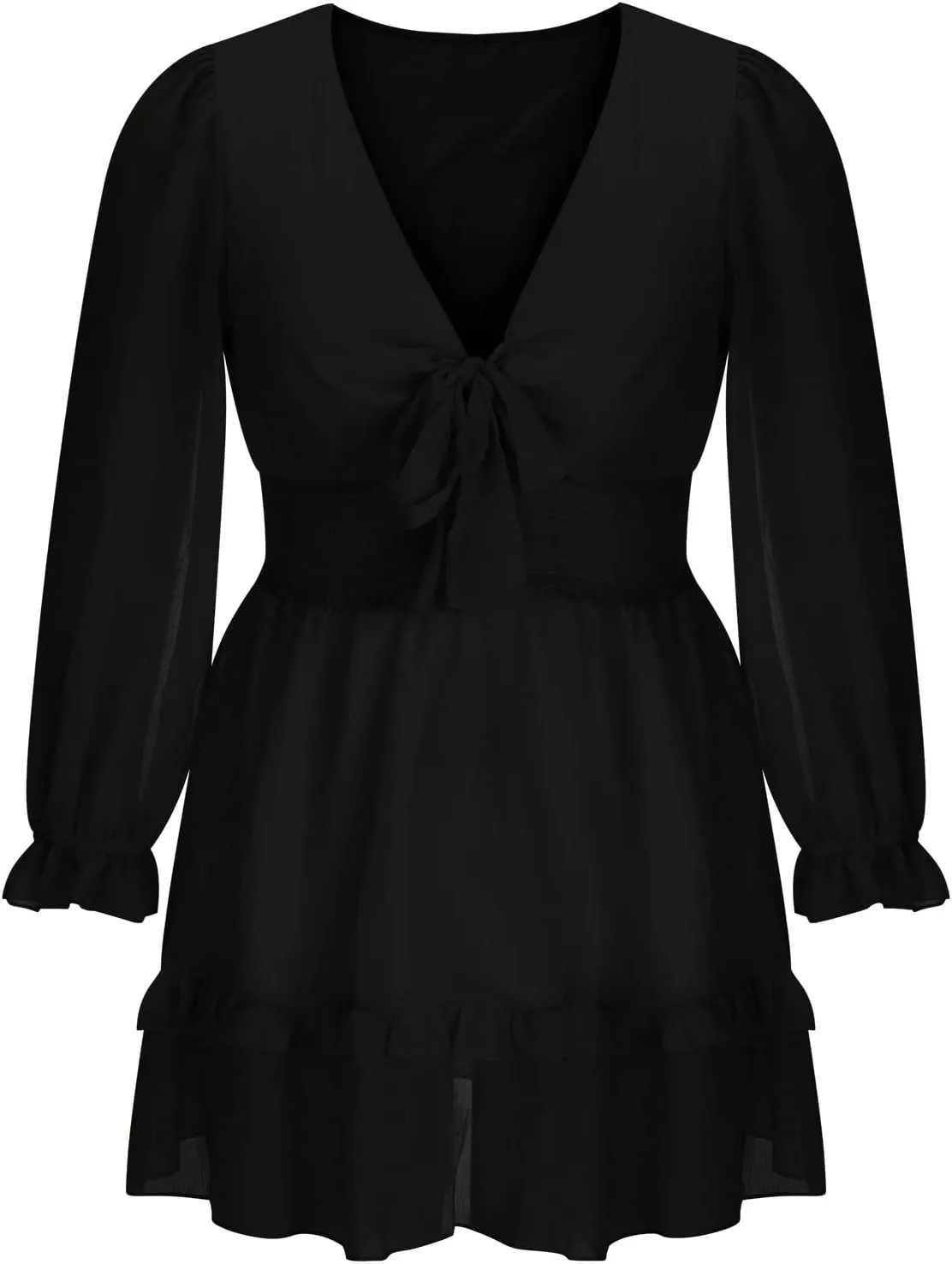 XUNRYAN Women Sexy Cutout Twist Front Summer Casual Dress 2022 V Neck Long Sleeve Dress Ruffle Swing Blouse Mini Dresses