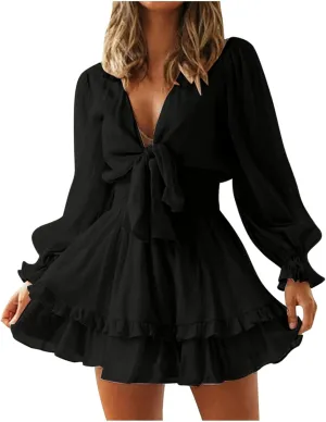 XUNRYAN Women Sexy Cutout Twist Front Summer Casual Dress 2022 V Neck Long Sleeve Dress Ruffle Swing Blouse Mini Dresses