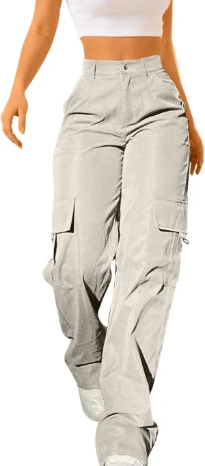 Y2K Cargo Pants for Women Teen Girl Baggy Elastic High Waisted Casual Parachute Pant Straight Leg Streetwear Trousers