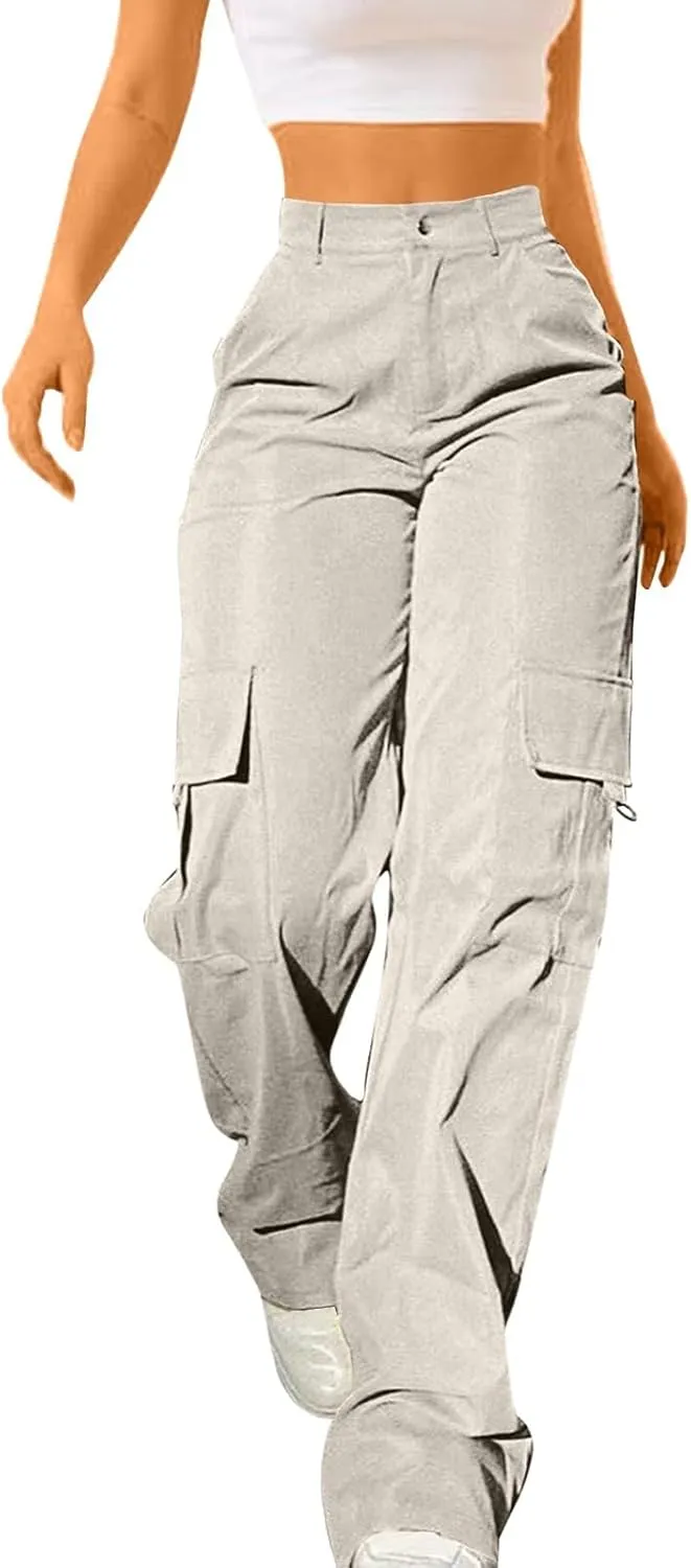 Y2K Cargo Pants for Women Teen Girl Baggy Elastic High Waisted Casual Parachute Pant Straight Leg Streetwear Trousers