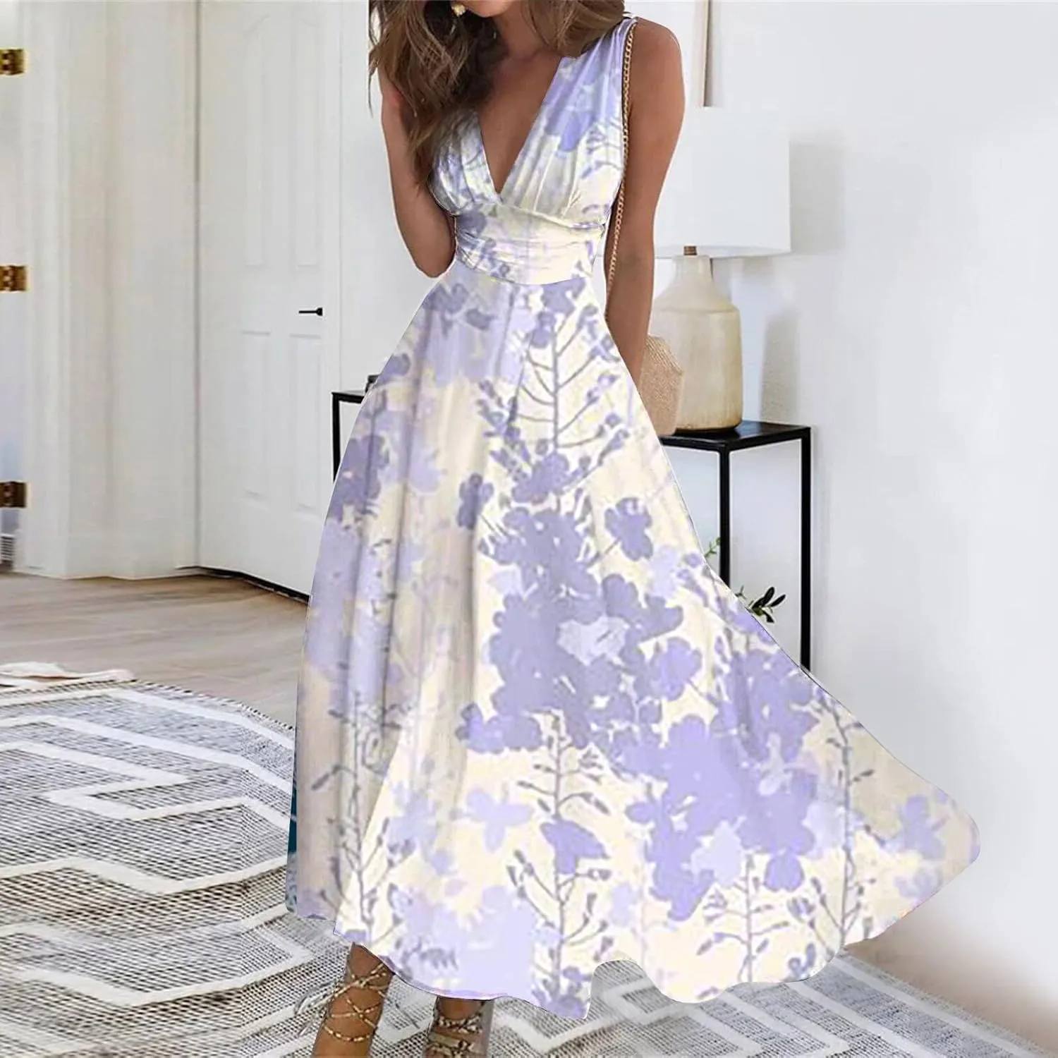 Yesunpxs Dresses for Women 2024 Sleeveless Floral Printed Maxi Dress Wrap V Neck Flowy Ruched Beach Dresses Boho Sundresses