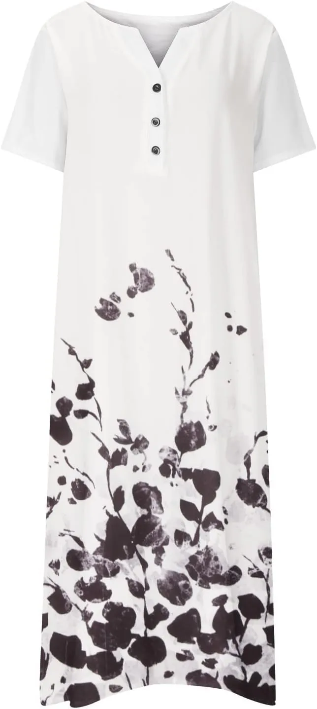 Yesunpxs Dresses for Women 2024 Summer Boho Short Sleeve O-Neck Maxi Dress Casual Beach Printed Long Dresses with Pocket