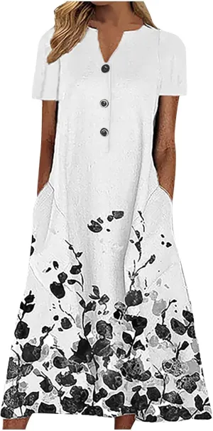 Yesunpxs Dresses for Women 2024 Summer Boho Short Sleeve O-Neck Maxi Dress Casual Beach Printed Long Dresses with Pocket