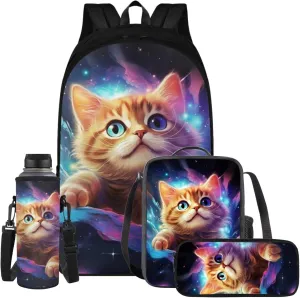 YEXIATODO Galaxy Kitten Cool Backpack Set for Kids 4PCS School Bag with Lunch Bag Pencil Pouch Insulated Water Bottle for School Travel Day Trips Stylish Bookbag for Boys Girls 8-10