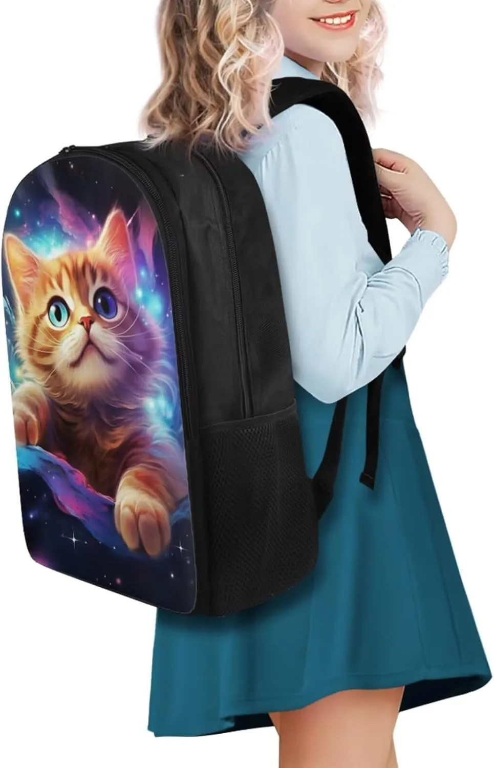 YEXIATODO Galaxy Kitten Cool Backpack Set for Kids 4PCS School Bag with Lunch Bag Pencil Pouch Insulated Water Bottle for School Travel Day Trips Stylish Bookbag for Boys Girls 8-10