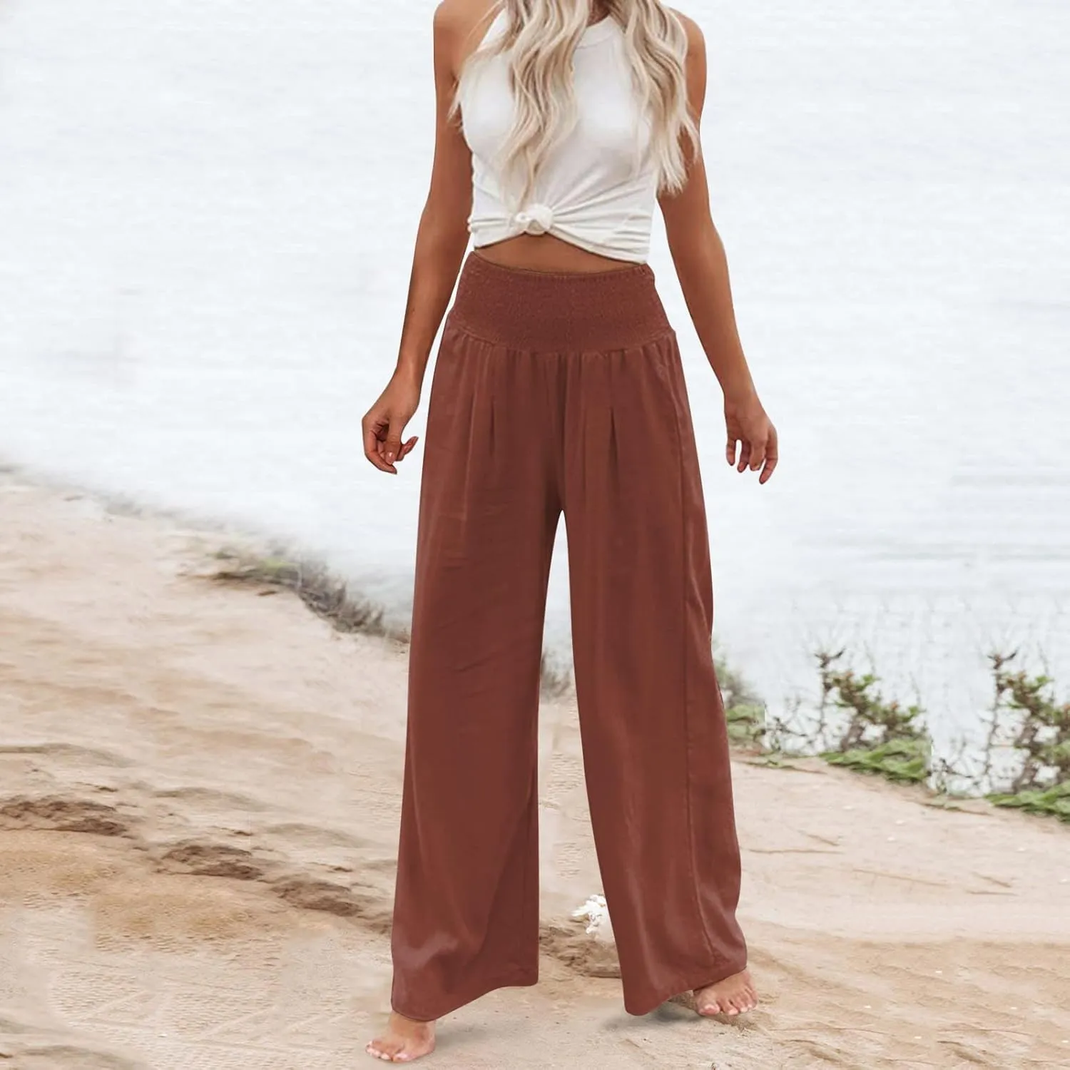 YOLAI Cotton Linen Palazzo Pants for Women Smocked High Elastic Waist Loose Trousers Comfy Wide Leg Pants with Pockets (Brown, S)