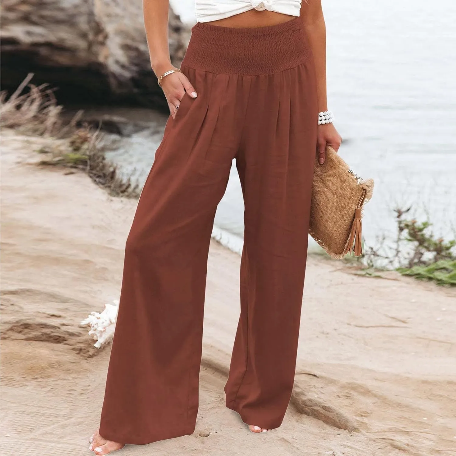 YOLAI Cotton Linen Palazzo Pants for Women Smocked High Elastic Waist Loose Trousers Comfy Wide Leg Pants with Pockets (Brown, S)
