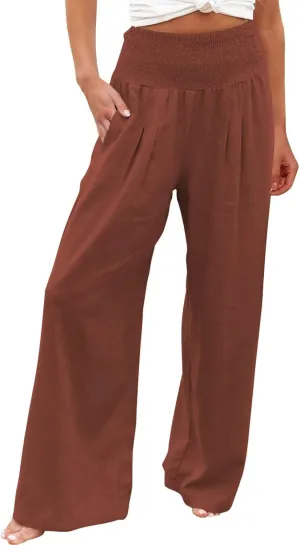 YOLAI Cotton Linen Palazzo Pants for Women Smocked High Elastic Waist Loose Trousers Comfy Wide Leg Pants with Pockets (Brown, S)