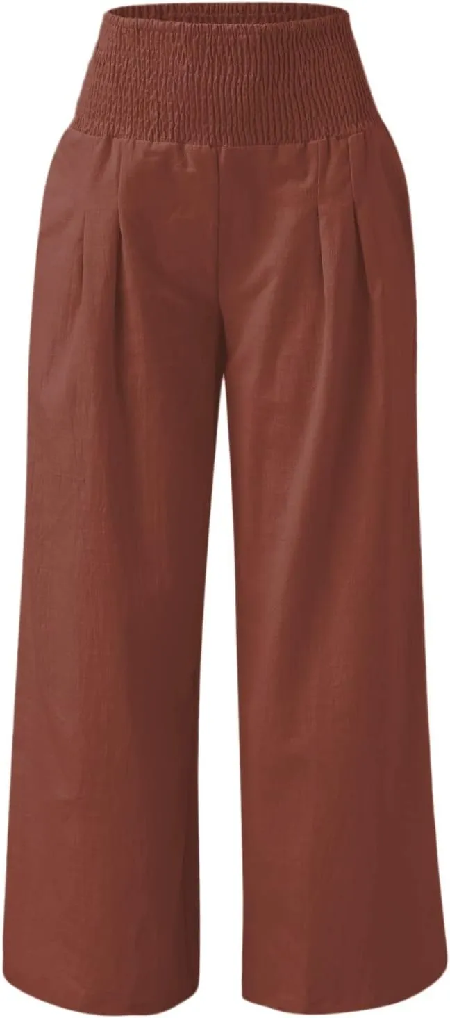 YOLAI Cotton Linen Palazzo Pants for Women Smocked High Elastic Waist Loose Trousers Comfy Wide Leg Pants with Pockets (Brown, S)