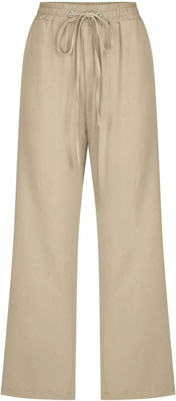 YRAETENM Capri Linen Pants for Women Summer Drawstring Elastic High Waist Lounge Pants Straight Wide Leg Cropped Trouser