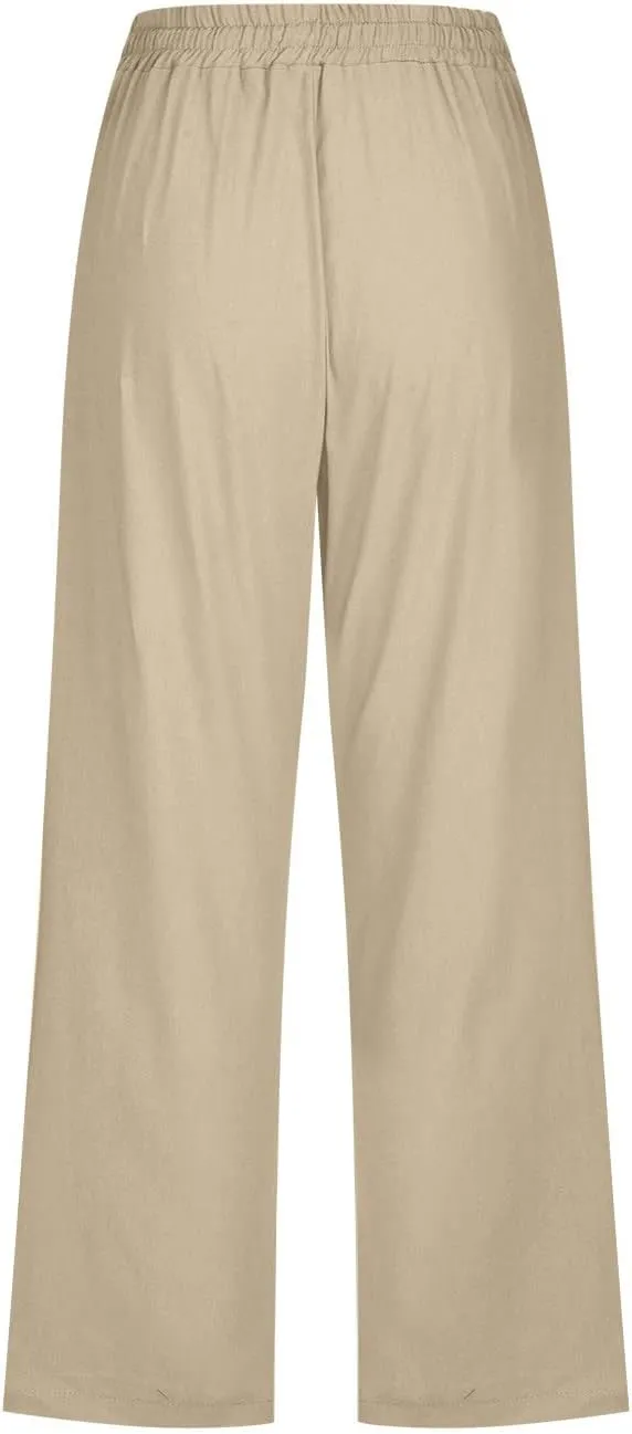 YRAETENM Capri Linen Pants for Women Summer Drawstring Elastic High Waist Lounge Pants Straight Wide Leg Cropped Trouser