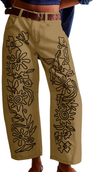YSW Embroidered Mid Rise Jeans for Women Baggy Boyfriend Jean Boho Barrel Horseshoe Vintage Pants