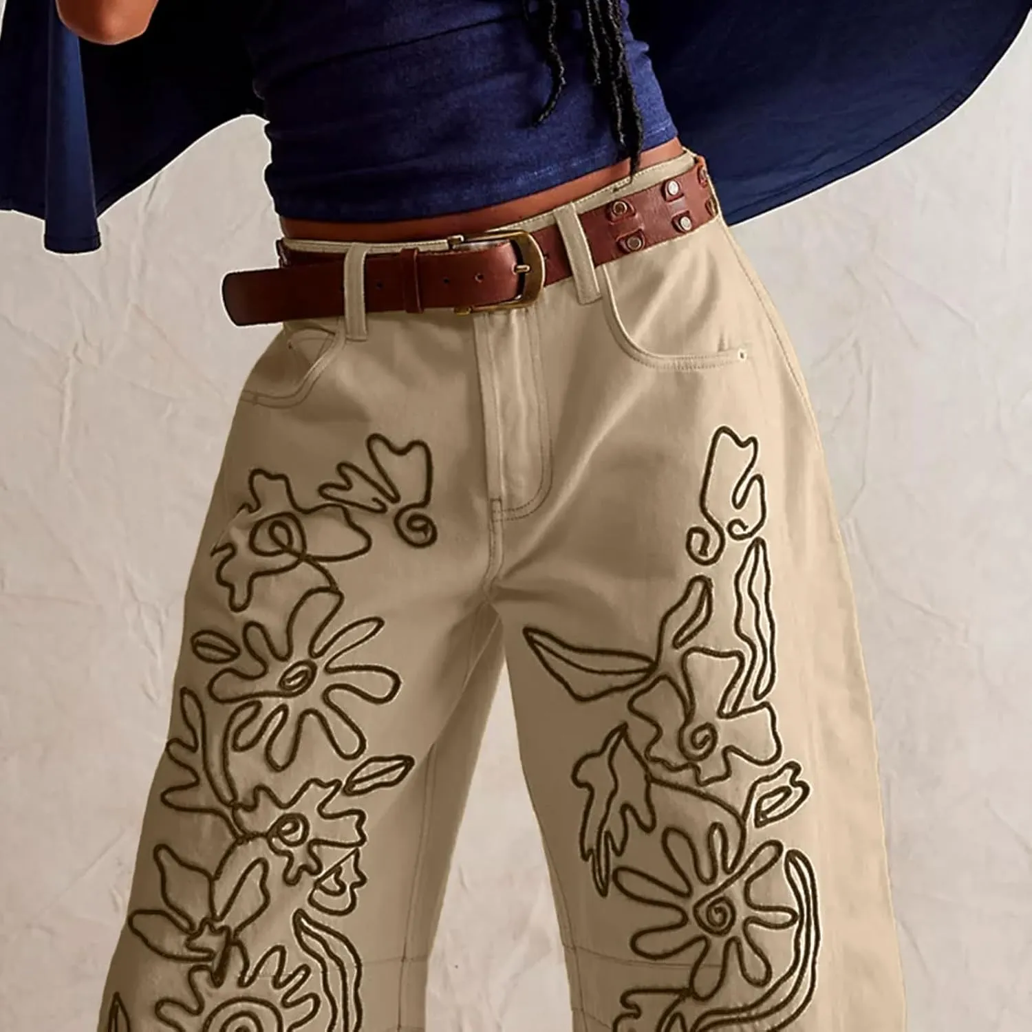YSW Embroidered Mid Rise Jeans for Women Baggy Boyfriend Jean Boho Barrel Horseshoe Vintage Pants