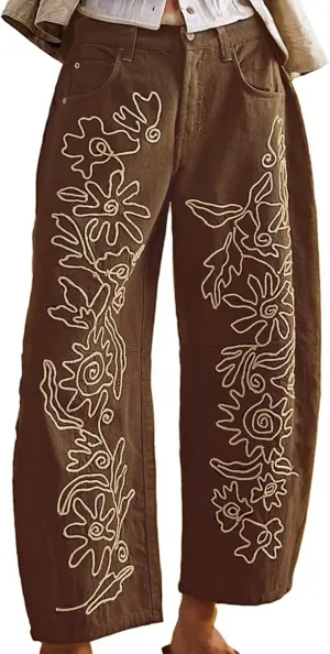 YSW Embroidered Mid Rise Jeans for Women Baggy Boyfriend Jean Boho Barrel Horseshoe Vintage Pants
