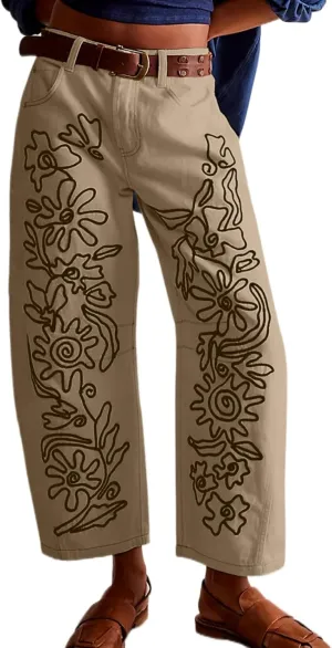 YSW Embroidered Mid Rise Jeans for Women Baggy Boyfriend Jean Boho Barrel Horseshoe Vintage Pants