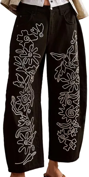YSW Embroidered Mid Rise Jeans for Women Baggy Boyfriend Jean Boho Barrel Horseshoe Vintage Pants