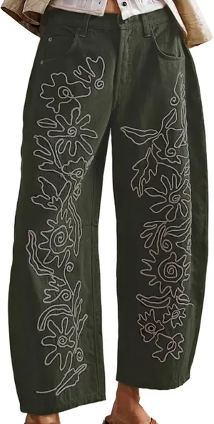YSW Embroidered Mid Rise Jeans for Women Baggy Boyfriend Jean Boho Barrel Horseshoe Vintage Pants