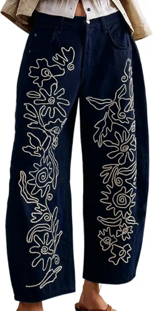 YSW Embroidered Mid Rise Jeans for Women Baggy Boyfriend Jean Boho Barrel Horseshoe Vintage Pants