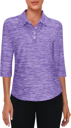 Zamowoty Women's 3/4 Sleeve Golf Tennis Polo Shirts 4-Button Dry Fit Workout Tops Athletic Shirt UPF50 