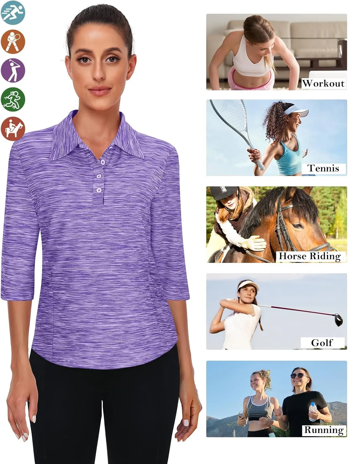 Zamowoty Women's 3/4 Sleeve Golf Tennis Polo Shirts 4-Button Dry Fit Workout Tops Athletic Shirt UPF50 