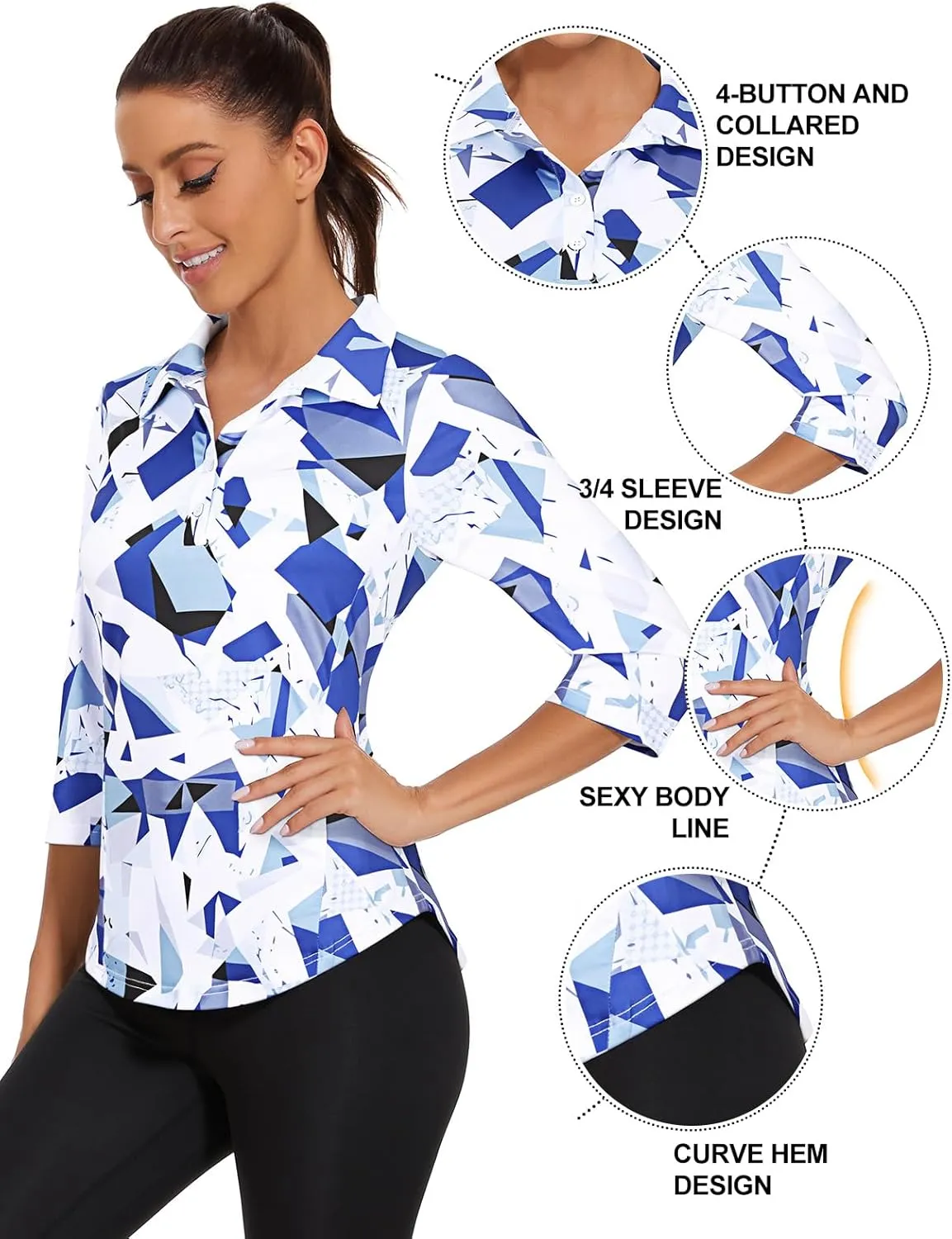 Zamowoty Women's 3/4 Sleeve Golf Tennis Polo Shirts 4-Button Dry Fit Workout Tops Athletic Shirt UPF50 