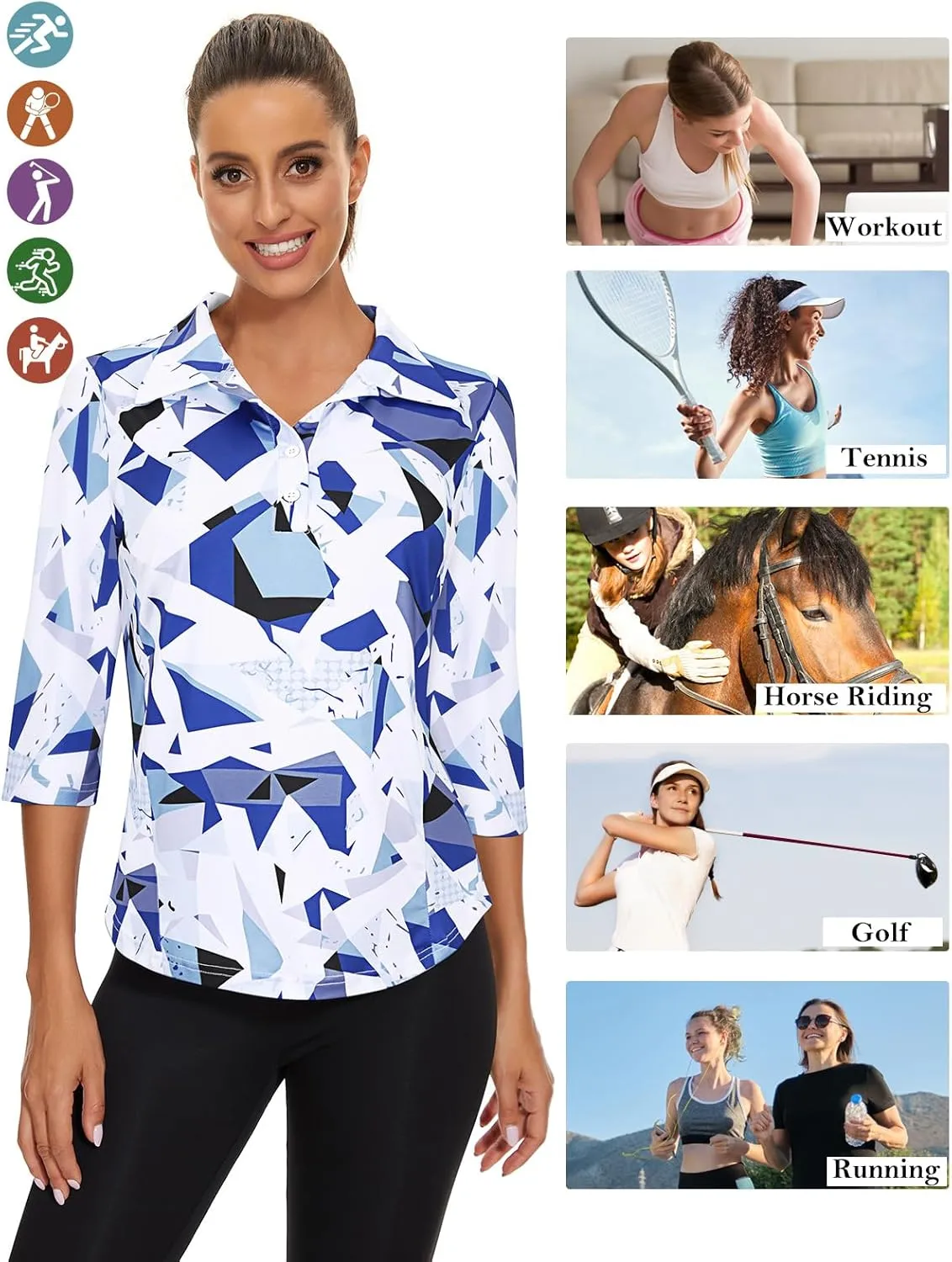 Zamowoty Women's 3/4 Sleeve Golf Tennis Polo Shirts 4-Button Dry Fit Workout Tops Athletic Shirt UPF50 