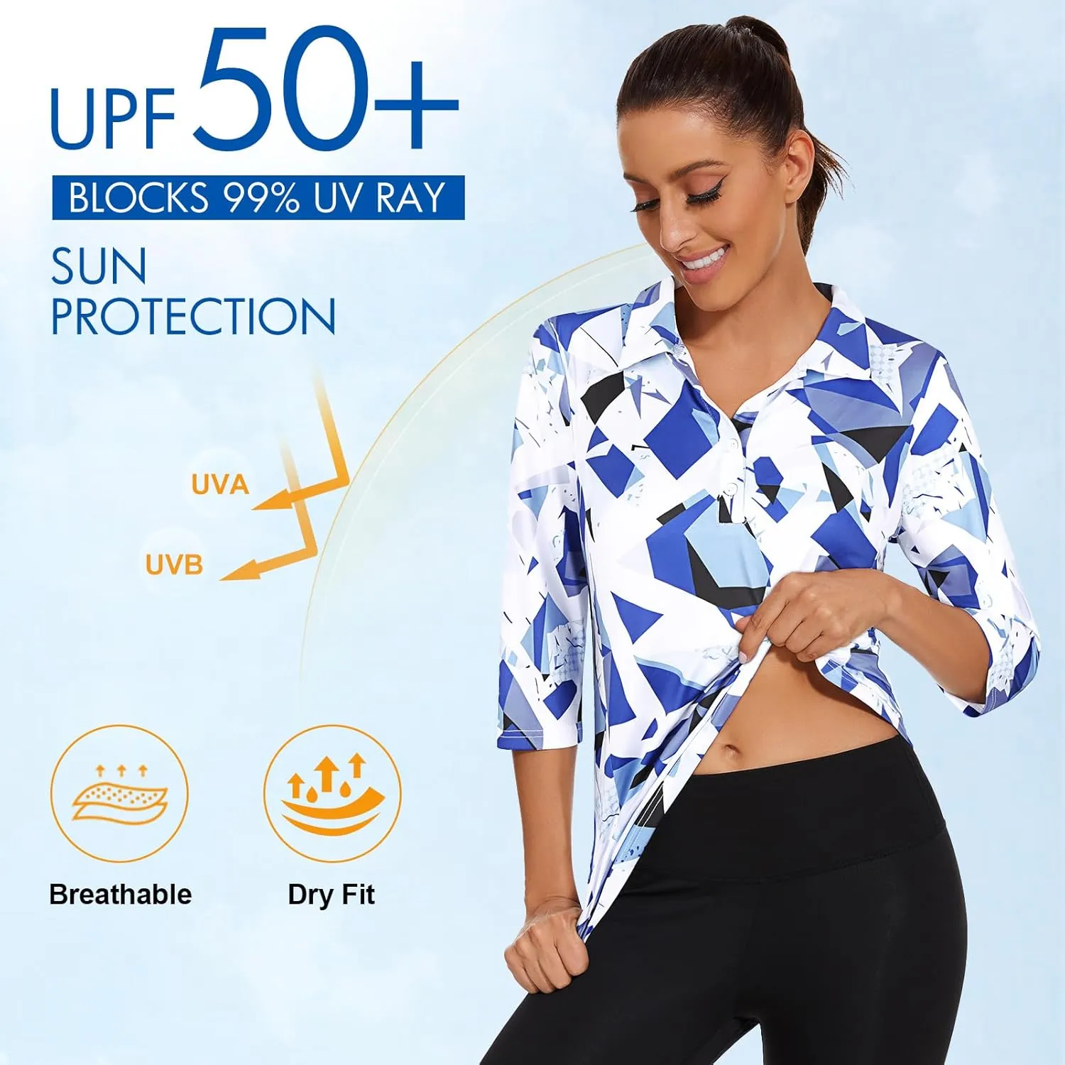 Zamowoty Women's 3/4 Sleeve Golf Tennis Polo Shirts 4-Button Dry Fit Workout Tops Athletic Shirt UPF50 