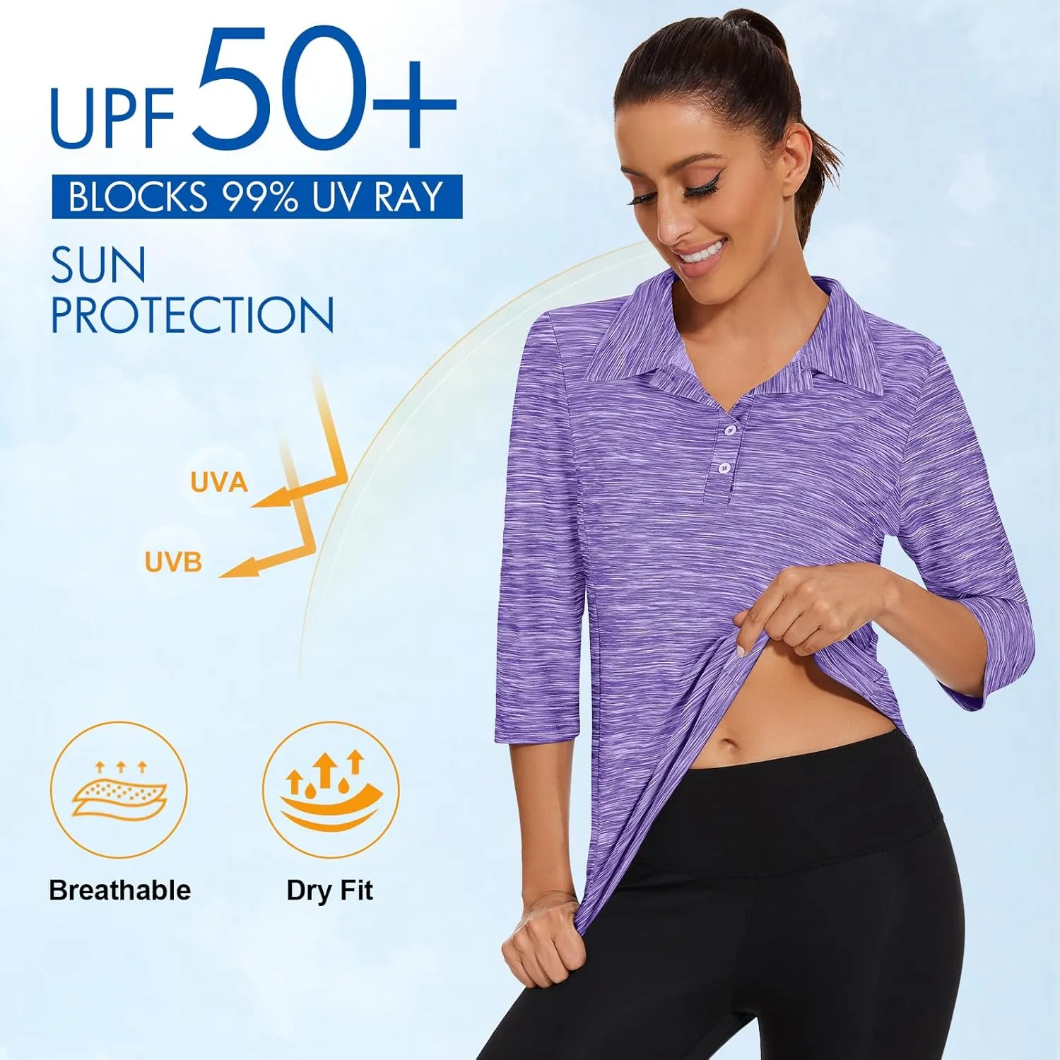 Zamowoty Women's 3/4 Sleeve Golf Tennis Polo Shirts 4-Button Dry Fit Workout Tops Athletic Shirt UPF50 