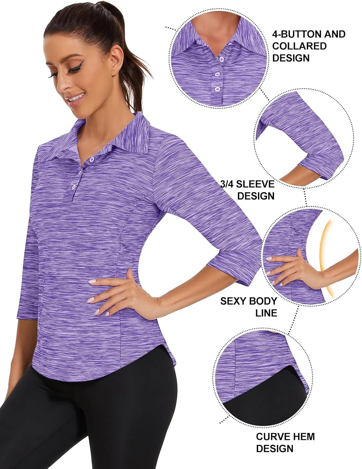 Zamowoty Women's 3/4 Sleeve Golf Tennis Polo Shirts 4-Button Dry Fit Workout Tops Athletic Shirt UPF50 