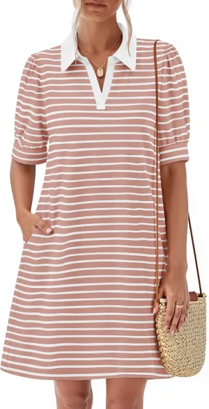 ZESICA Women's Summer Casual Striped Mini Dresses 2025 Lapel V Neck Short Sleeve Flowy A Line T Shirt Dress
