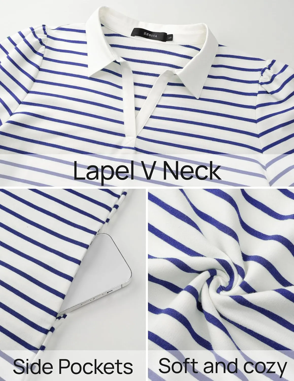 ZESICA Women's Summer Casual Striped Mini Dresses 2025 Lapel V Neck Short Sleeve Flowy A Line T Shirt Dress