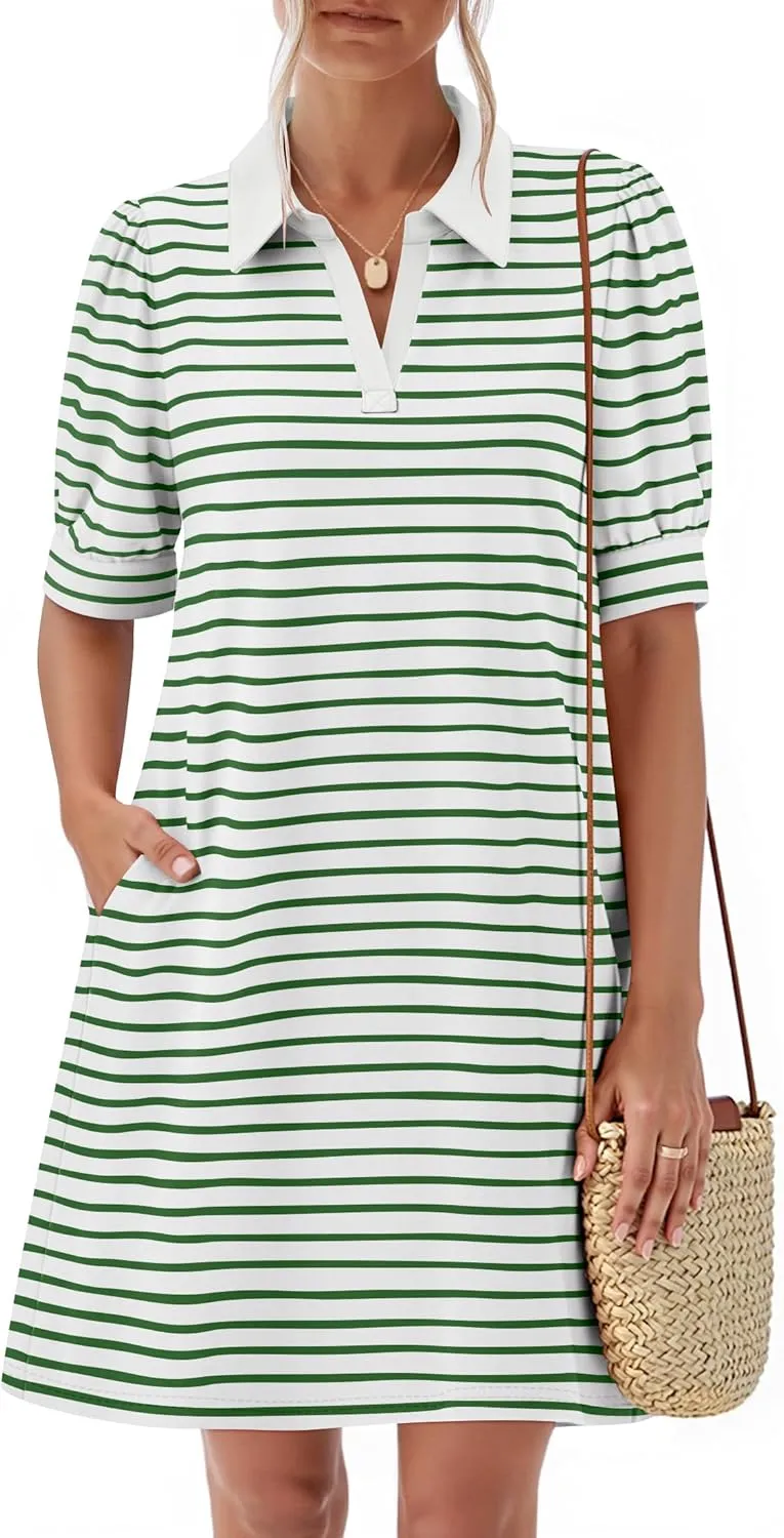 ZESICA Women's Summer Casual Striped Mini Dresses 2025 Lapel V Neck Short Sleeve Flowy A Line T Shirt Dress