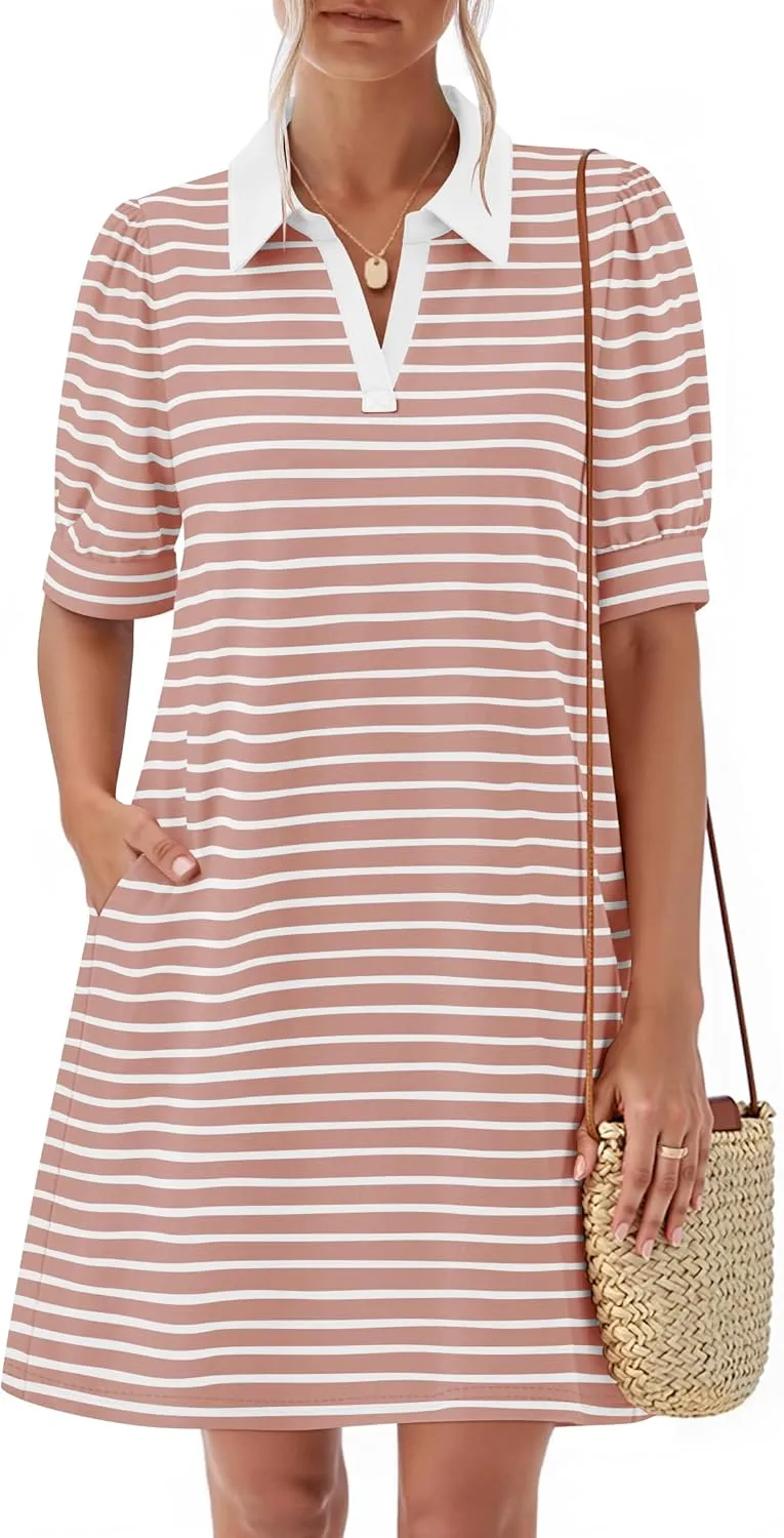 ZESICA Women's Summer Casual Striped Mini Dresses 2025 Lapel V Neck Short Sleeve Flowy A Line T Shirt Dress
