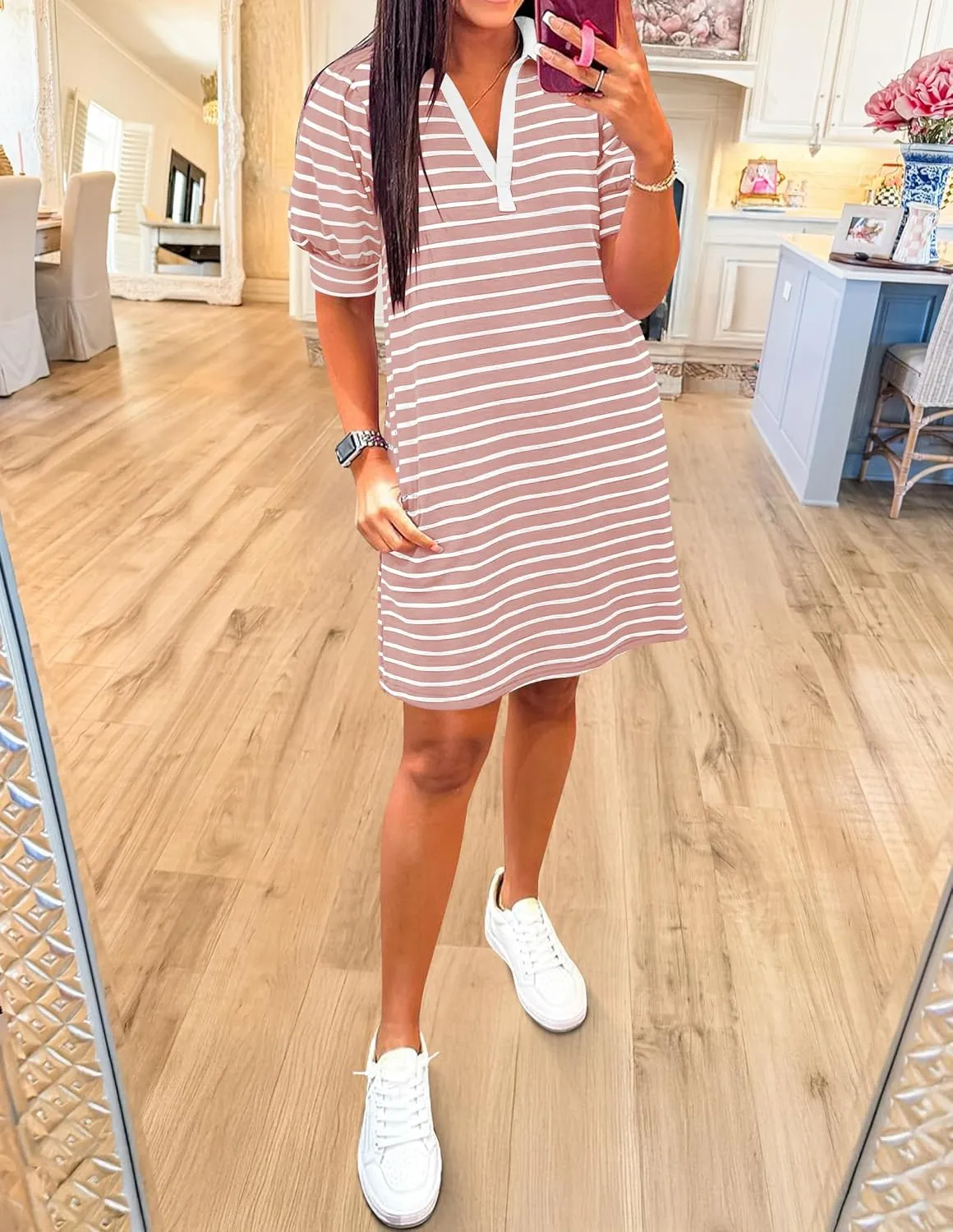 ZESICA Women's Summer Casual Striped Mini Dresses 2025 Lapel V Neck Short Sleeve Flowy A Line T Shirt Dress