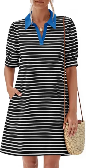 ZESICA Women's Summer Casual Striped Mini Dresses 2025 Lapel V Neck Short Sleeve Flowy A Line T Shirt Dress